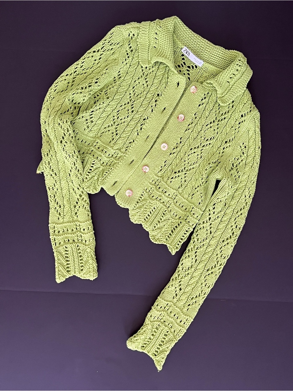 Zara Light Green Crochet Button-Front Cardigan